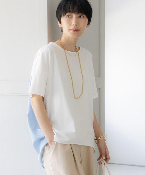 Elura（エルーラ）の「≪UVカット・接触冷感≫クルーネックバックシャツT/670084（Tシャツ/カットソー・レディース・ブラック/ホワイト×ホワイト/ホワイト×ブルー/ダークブラウン・FREE）」の2枚目の写真