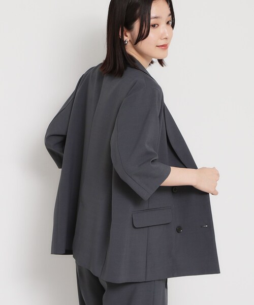 THE SHOP TK (ザ ショップ ティーケー )の「【セットアップ可】麻調ダブルブレスト 6分袖ジャケット(テーラードジャケット・レディース・チャコールグレー/ナチュラル・12/13)」の11枚目の写真