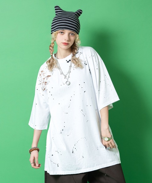 a.p.o.v.(エーピーオービー)の「a.p.o.v. スプラッターペイントダメージ加工コットンオーバーサイズTシャツ(Tシャツ/カットソー・メンズ・ホワイト/ブラック/グレー・ONESIZE)」の10枚目の写真