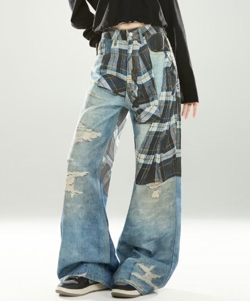 LAC-VERT(ラック・ヴェール)の「レイヤードデザインデニムパンツ(デニムパンツ・レディース・ブルー・LARGE/MEDIUM)」の1枚目の写真