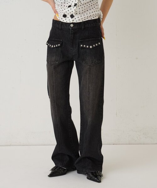 WHO'S WHO gallery(フーズフーギャラリー)の「スタースタッズフレアデニム(デニムパンツ・レディース・ネイビー/サックスブルー/ブラック/ブラウン・SMALL/MEDIUM)」の2枚目の写真