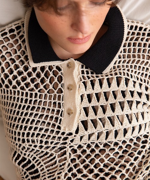 leinwande（ラインヴァンド）の「【leinwande】26SS新作 Landscape Crochet Polo（ポロシャツ・レディース・ブラック系/オレンジ/White・ONE SIZE）」の6枚目の写真