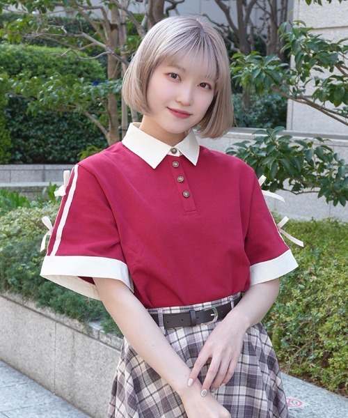 axes femme POETIQUE(アクシーズファムポエティック)の「バイカラーシャツポロPO(Tシャツ/カットソー・レディース・レッド/ブラック/ネイビー・MEDIUM)」の4枚目の写真