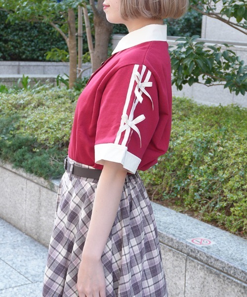 axes femme POETIQUE(アクシーズファムポエティック)の「バイカラーシャツポロPO(Tシャツ/カットソー・レディース・レッド/ブラック/ネイビー・MEDIUM)」の5枚目の写真