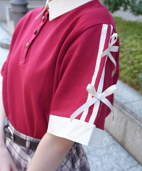 axes femme POETIQUE(アクシーズファムポエティック)の「バイカラーシャツポロPO(Tシャツ/カットソー・レディース・レッド/ブラック/ネイビー・MEDIUM)」の7枚目の写真