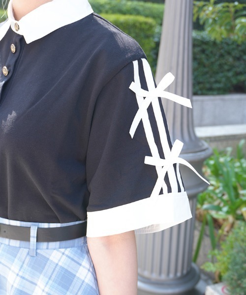 axes femme POETIQUE(アクシーズファムポエティック)の「バイカラーシャツポロPO(Tシャツ/カットソー・レディース・レッド/ブラック/ネイビー・MEDIUM)」の10枚目の写真