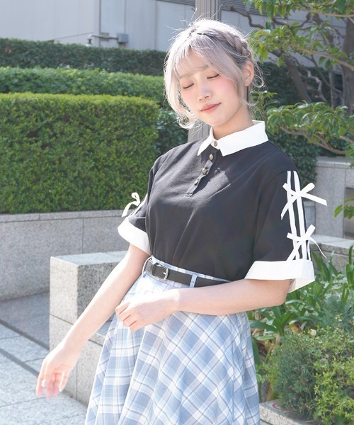 axes femme POETIQUE(アクシーズファムポエティック)の「バイカラーシャツポロPO(Tシャツ/カットソー・レディース・レッド/ブラック/ネイビー・MEDIUM)」の11枚目の写真