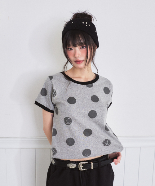 ESCAPEFROM（エスケープフロム）の「ビッグロゴドットフルプリントリンガー半袖Tシャツ [3色]（Tシャツ/カットソー・レディース・アイボリー/ミックスグレー/レッド・MEDIUM）」の5枚目の写真