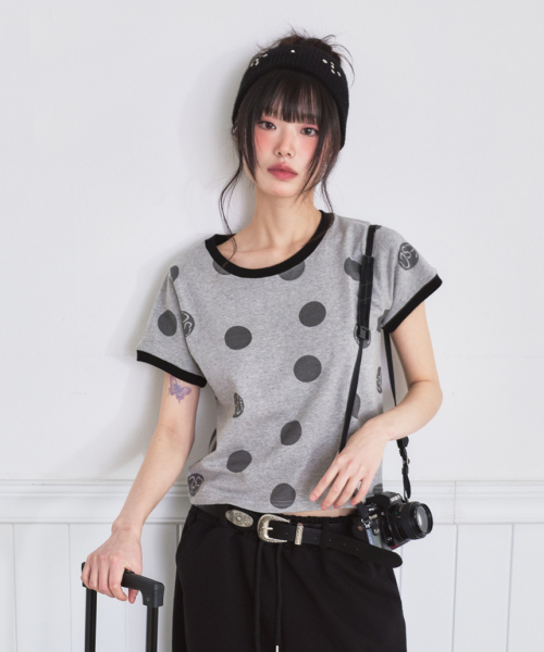 ESCAPEFROM（エスケープフロム）の「ビッグロゴドットフルプリントリンガー半袖Tシャツ [3色]（Tシャツ/カットソー・レディース・アイボリー/ミックスグレー/レッド・MEDIUM）」の6枚目の写真