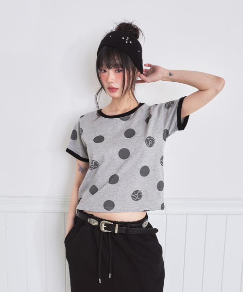 ESCAPEFROM（エスケープフロム）の「ビッグロゴドットフルプリントリンガー半袖Tシャツ [3色]（Tシャツ/カットソー・レディース・アイボリー/ミックスグレー/レッド・MEDIUM）」の7枚目の写真