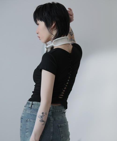 Ulysses(ユリシス)の「バック編みデザインミニTシャツ(Tシャツ/カットソー・レディース・グレー/ホワイト/ブラック・M/L/S)」の20枚目の写真
