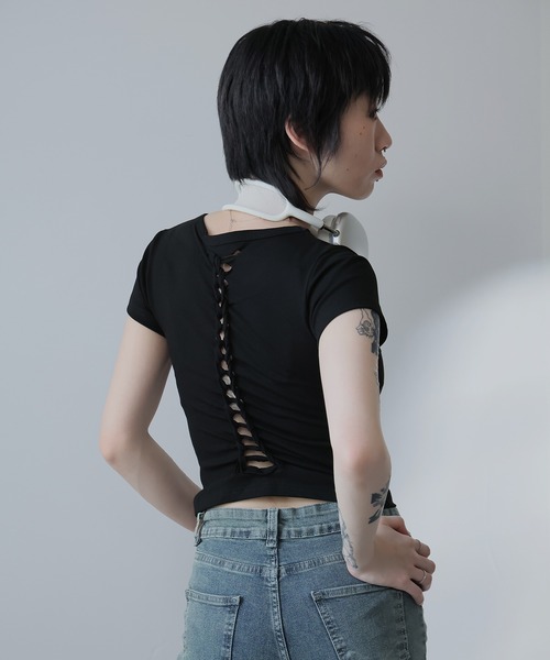 Ulysses(ユリシス)の「バック編みデザインミニTシャツ(Tシャツ/カットソー・レディース・グレー/ホワイト/ブラック・M/L/S)」の21枚目の写真