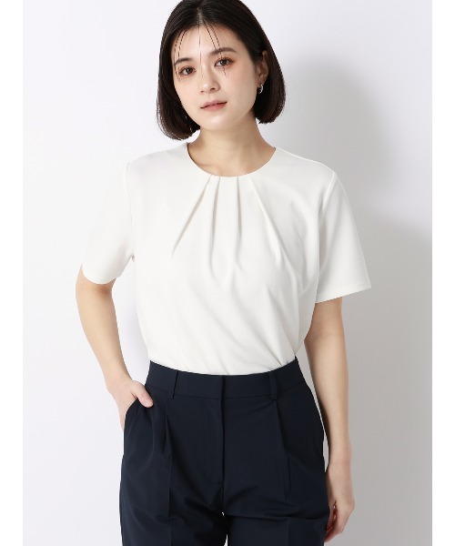 SUIT SQUARE(スーツスクエア)の「フロントタックカットソー/半袖/ウォッシャブル/UVカット/無地(Tシャツ/カットソー・レディース・グレー/ホワイト・38/40)」の3枚目の写真