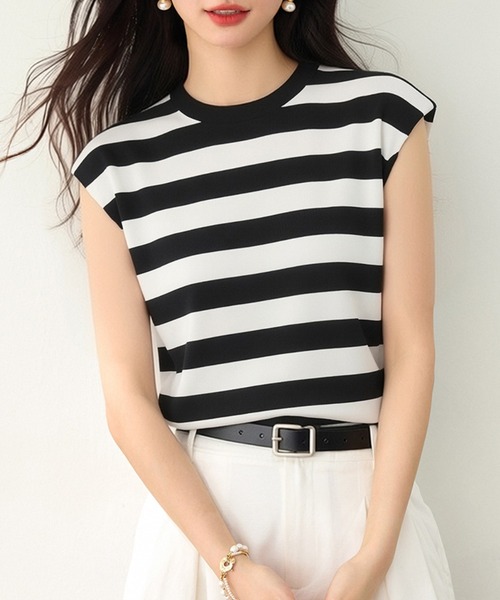AMAJI(アマジ)の「ボーダー柄フレンチスリーブニット クルーネック プルオーバートップス(Tシャツ/カットソー・レディース・ブラック・X-LARGE/LARGE/MEDIUM/SMALL)」の4枚目の写真