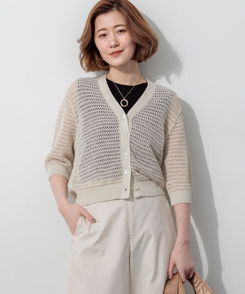 Reneルネ♡メッシュ編み 五分袖ニットジャケット カーディガン ホワイト 34 レーシーメッシュニット 五分袖 カーディガン（カーディガン/ボレロ