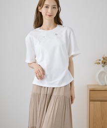 フラワー 刺繍 ボタン 半袖 Tシャツ