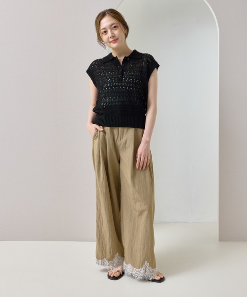 en CAnAF(エンカナフ)の「【抜け感漂う】ブークレー透かし編みポロニット トップス 半袖(ポロシャツ・レディース・ピンク/オフホワイト/ライム/ブラック・フリー)」の10枚目の写真