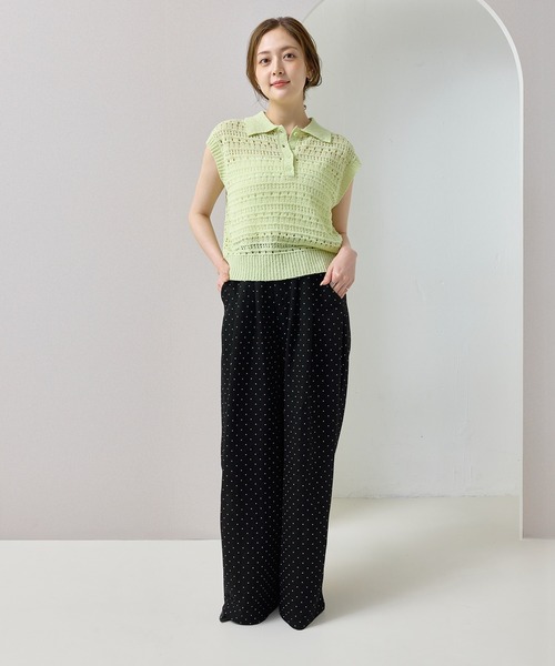 en CAnAF(エンカナフ)の「【抜け感漂う】ブークレー透かし編みポロニット トップス 半袖(ポロシャツ・レディース・ピンク/オフホワイト/ライム/ブラック・フリー)」の15枚目の写真