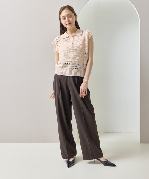 en CAnAF(エンカナフ)の「【抜け感漂う】ブークレー透かし編みポロニット トップス 半袖(ポロシャツ・レディース・ピンク/オフホワイト/ライム/ブラック・フリー)」の21枚目の写真