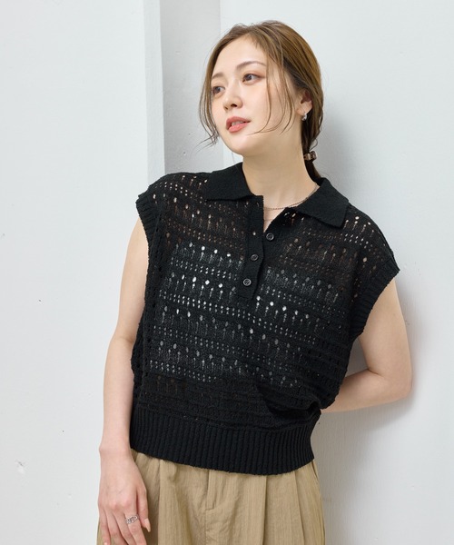 en CAnAF(エンカナフ)の「【抜け感漂う】ブークレー透かし編みポロニット トップス 半袖(ポロシャツ・レディース・ピンク/オフホワイト/ライム/ブラック・フリー)」の5枚目の写真