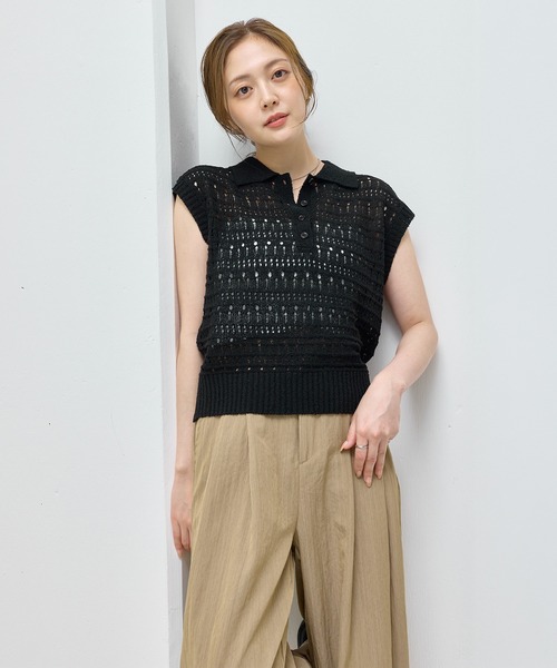 en CAnAF(エンカナフ)の「【抜け感漂う】ブークレー透かし編みポロニット トップス 半袖(ポロシャツ・レディース・ピンク/オフホワイト/ライム/ブラック・フリー)」の6枚目の写真