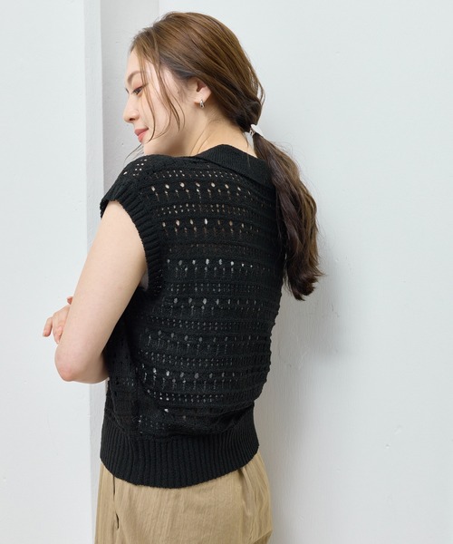 en CAnAF(エンカナフ)の「【抜け感漂う】ブークレー透かし編みポロニット トップス 半袖(ポロシャツ・レディース・ピンク/オフホワイト/ライム/ブラック・フリー)」の8枚目の写真