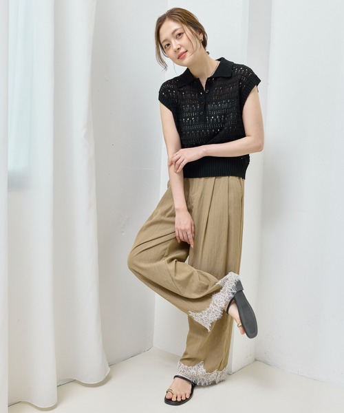 en CAnAF(エンカナフ)の「【抜け感漂う】ブークレー透かし編みポロニット トップス 半袖(ポロシャツ・レディース・ピンク/オフホワイト/ライム/ブラック・フリー)」の7枚目の写真