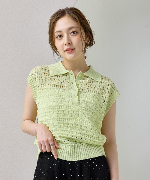 en CAnAF(エンカナフ)の「【抜け感漂う】ブークレー透かし編みポロニット トップス 半袖(ポロシャツ・レディース・ピンク/オフホワイト/ライム/ブラック・フリー)」の12枚目の写真