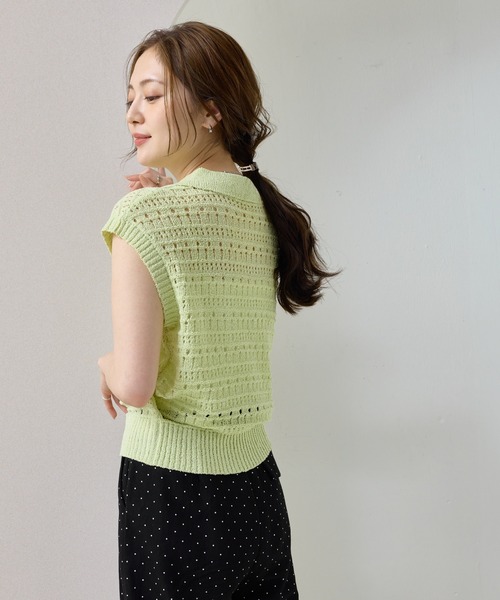 en CAnAF(エンカナフ)の「【抜け感漂う】ブークレー透かし編みポロニット トップス 半袖(ポロシャツ・レディース・ピンク/オフホワイト/ライム/ブラック・フリー)」の14枚目の写真