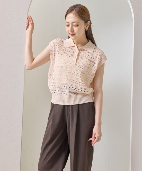 en CAnAF(エンカナフ)の「【抜け感漂う】ブークレー透かし編みポロニット トップス 半袖(ポロシャツ・レディース・ピンク/オフホワイト/ライム/ブラック・フリー)」の17枚目の写真