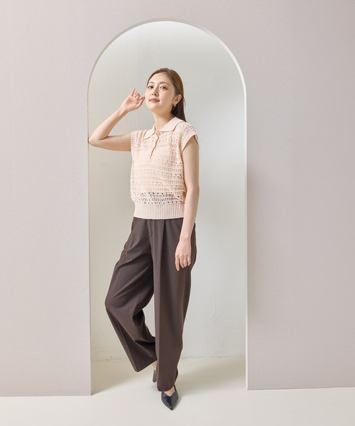 en CAnAF(エンカナフ)の「【抜け感漂う】ブークレー透かし編みポロニット トップス 半袖(ポロシャツ・レディース・ピンク/オフホワイト/ライム/ブラック・フリー)」の19枚目の写真