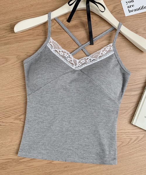 Lace Ladies(レースレディース)の「レース Vネック クロスストラップ カップ付き キャミソール(キャミソール・レディース・ホワイト/グレー/グリーン/ピンク・FREE)」の3枚目の写真