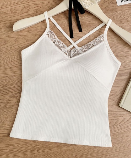 Lace Ladies(レースレディース)の「レース Vネック クロスストラップ カップ付き キャミソール(キャミソール・レディース・ホワイト/グレー/グリーン/ピンク・FREE)」の2枚目の写真