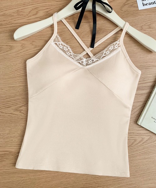 Lace Ladies(レースレディース)の「レース Vネック クロスストラップ カップ付き キャミソール(キャミソール・レディース・ホワイト/グレー/グリーン/ピンク・FREE)」の4枚目の写真