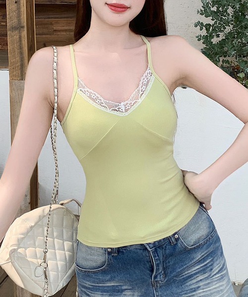 Lace Ladies(レースレディース)の「レース Vネック クロスストラップ カップ付き キャミソール(キャミソール・レディース・ホワイト/グレー/グリーン/ピンク・FREE)」の8枚目の写真