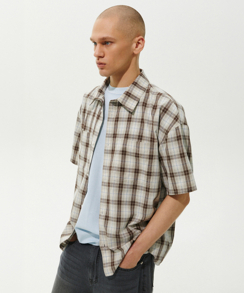 PLAC（プラック）の「マイルドチェック半袖シャツ2カラー（シャツ/ブラウス・メンズ・ネイビー/ベージュ・LARGE/MEDIUM）」の5枚目の写真