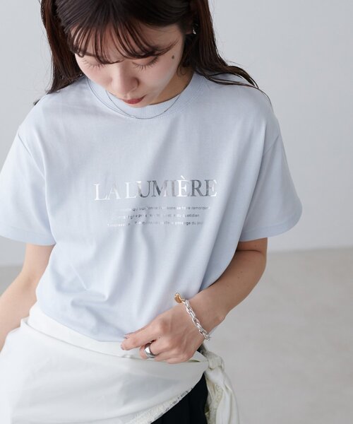 DISCOAT(ディスコート)の「アソートロゴ箔プリントTシャツ(Tシャツ/カットソー・レディース・サックスブルー/チャコールグレー/オフホワイト・FREE)」の1枚目の写真