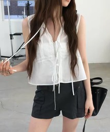 フロントリボンノースリーブレースブラウス