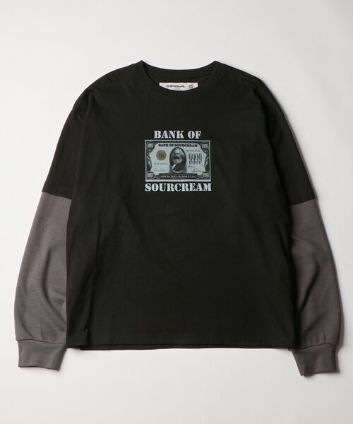 Sourcream(サワークリーム)の「【Sourcream/UINSEX】マルクス紙幣レイヤードワッフルトップス(Tシャツ/カットソー・レディース・ホワイト/ブラック・FREE)」の1枚目の写真