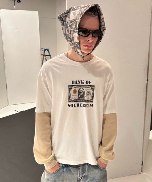 Sourcream(サワークリーム)の「【Sourcream/UINSEX】マルクス紙幣レイヤードワッフルトップス(Tシャツ/カットソー・レディース・ホワイト/ブラック・FREE)」の2枚目の写真