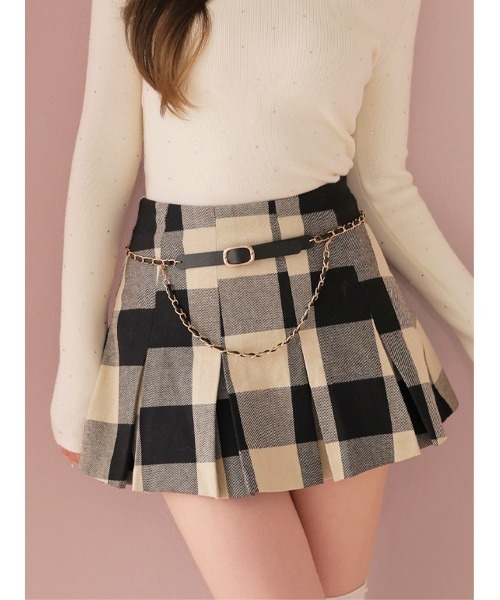 M me eme(エムミーエメ)の「Check box pleats mini skirt(eme11197)(スカート・レディース・ベージュ×ブラック・FL/XS/FREE)」の1枚目の写真