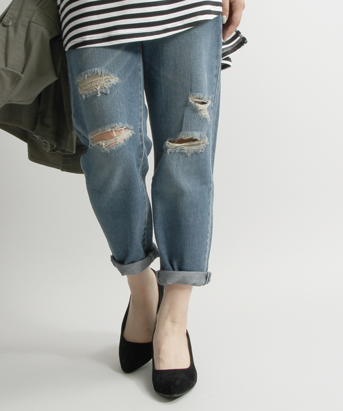 WEGO（ウィゴー）の「WEGO/クラッシュマムジーンズ（デニムパンツ・レディース・インディゴブルー/ライトインディゴブルー/スミクロ・MEDIUM/LARGE）」の2枚目の写真