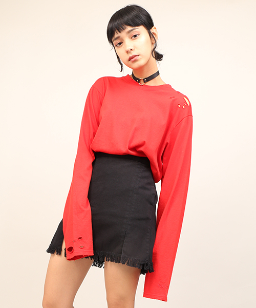 PUNYUS（プニュズ）の「クラッシュロンT（Tシャツ/カットソー・レディース・レッド/マスタード/ブラック/ホワイト・3/4/1/2）」の4枚目の写真