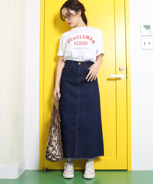 Coca コカ の 裾フリンジスリット入りロング丈デニムスカート