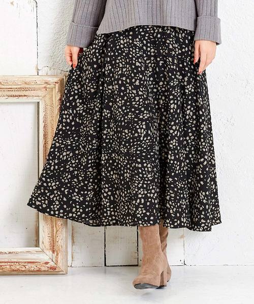 KOBE LETTUCE（コウベレタス）の「［レオパード柄・無地］起毛フリース裏地フロントタックマキシ丈フレアスカート＊レディース/裏起毛/ボトムス/ロング丈[M2321]神戸レタス（スカート・レディース・ブラック/ブルー/ボルドー/マスタード/ピンク系その他/レオパード/ライトベージュ/ブラック系その他・FREE）」の3枚目の写真