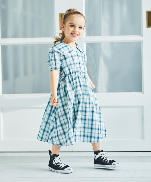 BRANSHES(ブランシェス)の「チェック柄シャツワンピース(ワンピース・キッズ・エメラルド/パープル・150cm/130cm/100cm/110cm/90cm/140cm/120cm)」の2枚目の写真