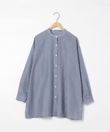 coen | シアーギンガムロングシャツ（バンドカラーシャツ）(シャツ/ブラウス)