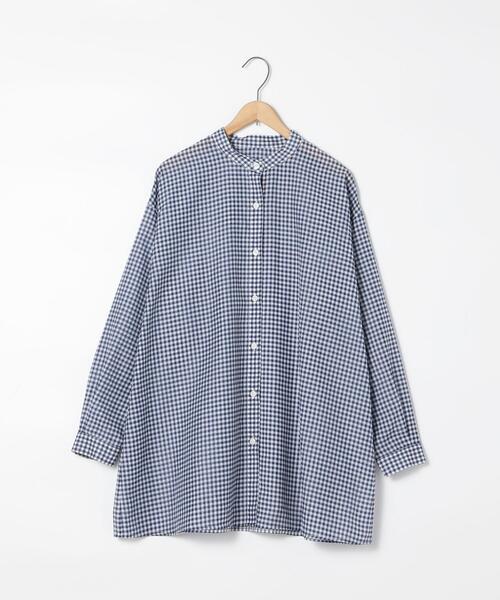 coen(コーエン)の「シアーギンガムロングシャツ(バンドカラーシャツ)(シャツ/ブラウス・レディース・オリーブ/ネイビー/ライム・FREE)」の1枚目の写真