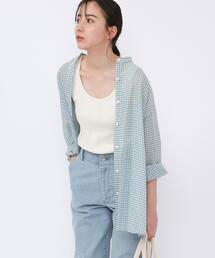 coen | シアーギンガムロングシャツ（バンドカラーシャツ）(シャツ/ブラウス)