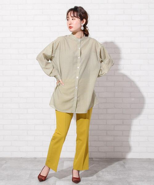 coen(コーエン)の「シアーギンガムロングシャツ(バンドカラーシャツ)(シャツ/ブラウス・レディース・オリーブ/ネイビー/ライム・FREE)」の13枚目の写真
